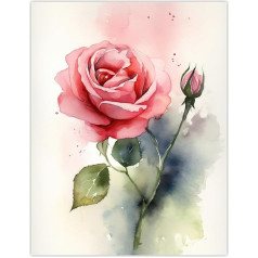 Artery8 Rose Bloom Flower Soft Watercolour Painting Green Pink Single Bloom with Bud Elegant Spring Romance Nature Colourful Bright Floral Modern Artwork Unframed Wall Art Print Poster Home Decor