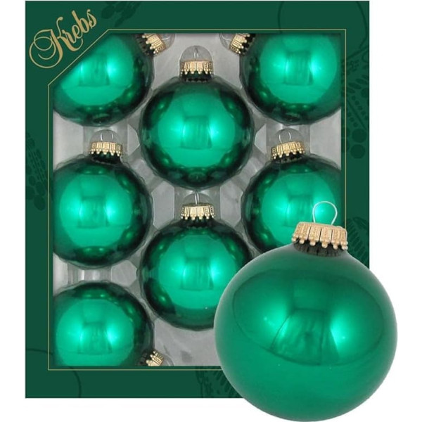 Dekohelden24 Lauschaer Christmas Tree Decorations - Set of 8 Baubles Plain Shiny Emerald Green, 6.7 cm, with Golden Crown + 50 Quick Hangers in Gold