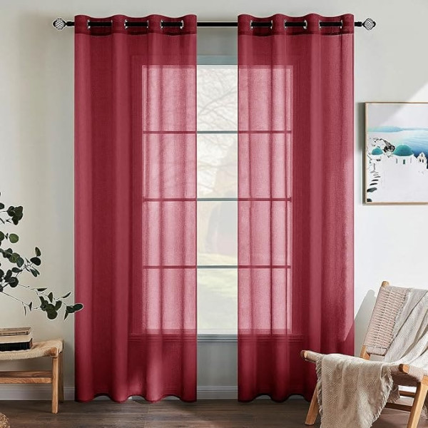 EMEMA Set of 2 Sheer Voile Curtains with Eyelets, Transparent Voile Polyester Eyelet Curtain, Transparent, Living Room, Airy, Decorative Curtain for Bedroom, 140 x 290 cm, Red