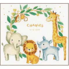 Vervaco Counted Cross Stitch Embroidery Kits Baby Birth Jungle Animals Wall Decoration Handmade Set for Adults Creative Craft Approx. 36 x 33 cm Birth Gift Home Decoration