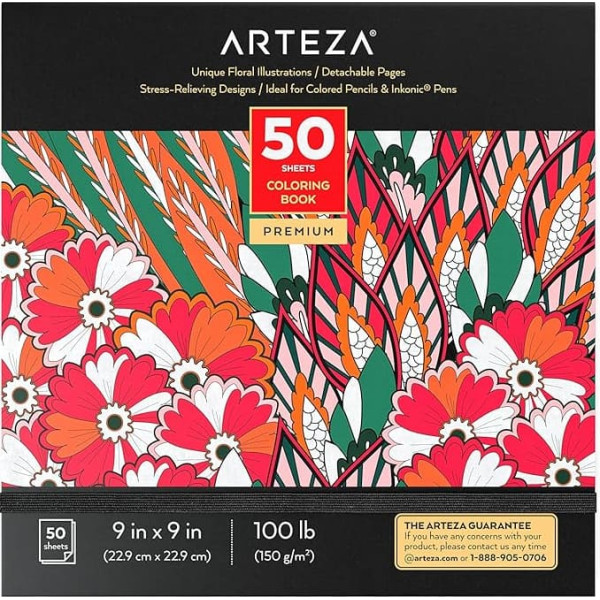 Arteza Colouring Book for Adults, Flowers, 22.9 x 22.9 cm, Colouring Book with 50 Designs, 150 g/m² Removable Pages, Anti Stress and Relaxation