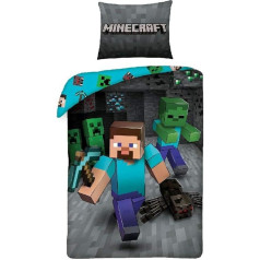Halantex - MNC207 Minecraft Steve Single Duvet Cover Set, with Axe, Official Original Bedding Set, Multi-Colour, 100% Cotton, 140 x 200 cm + 70 x 90 cm