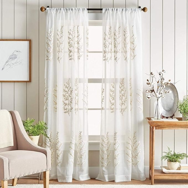 Martha Stewart Georgia Embroidered Sheer Curtain Panel Pair 95 Ivory