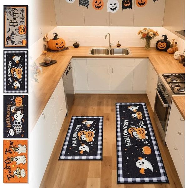 COSY HOMEER Kitchen Runner, Non-Slip, Pack of 2, Kitchen Rug, Washable, Non-Slip, Kitchen Mats, Rug Runner (43 x 76 cm + 43 x 122 cm, Black Check Pattern)