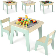 Clevich Children's Table Chair Set, Children's Seat Set, Storage Space, with 2 Chairs, Children's Seating Set, Double-Sided Painting Table & Building Plate, Pack of 2 Chairs, Children's Furniture for Children's Room, Green