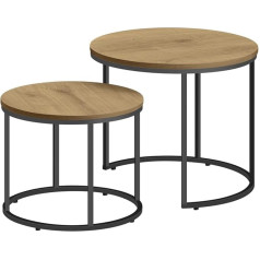 Set of 2 Coffee Tables - Round - Oak Black - Industrial Design - Space Saving Nesting Coffee Table - Living Room Bedroom Office