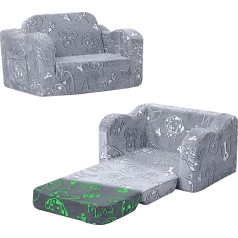 MeMoreCool Children's Sofa Foldable, 2-in-1 Toddler Sofa Bed, Children's Chair with Sleep Function, Mini Couch for Cuddly Corner Children's Room, Fancy Play Sofa for Girls and Boys, Grey Dog