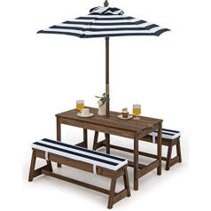 FANTASK Children's Seat Set, Children's Picnic Table with Benches, Cushions & Parasol, Wooden Seating Set, Outdoor Garden Furniture for Garden, Backyard, Patio (Blue)