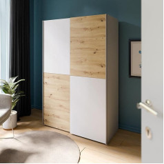 Forte Chess & Matt Wardrobe 120, Modern Wardrobe with Checkerboard Pattern, Sliding Door Wardrobe, Wood Composite, Artisan Oak Decor with White, 120.1 cm Wide, 190.5 cm High, 61.2 cm Deep