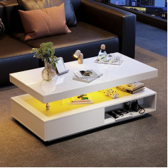 BTM White High Gloss Coffee Table 95 x 50 x 42.5 cm - with 4 Glass Tops, 2 Drawers and 2 Open Compartments, Base Cabinet in the Living Room