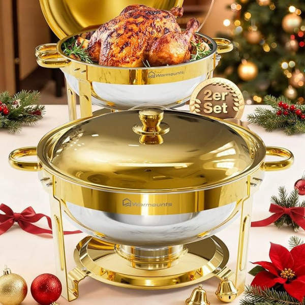 WARMOUNTS Gold Coloured Chafing Dishes for Buffet, 5QT 2 Pieces, Chafing Dish, Food Grade Stainless Steel Chafers for Catering, Party