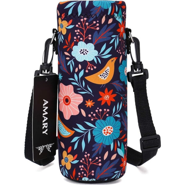 AMARY Neoprene Water Bottle Carrying Bag with Adjustable Shoulder Strap, Insulated Water Bottle Cover for Stainless Steel/Glass/Plastic Bottles (Birds, 500ml)