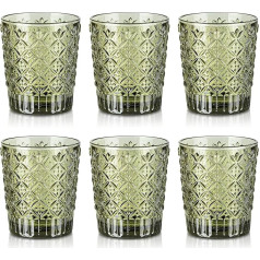 Joeyan Colourful Water Glasses, Glasses Set, 6 Pieces, 320 ml Green Drinking Glasses with Geometric Embossed, Vintage Juice Glasses, Coloured Drinkware for Whisky, Cocktail, Beer, Tea, Wine, Dishwasher Safe