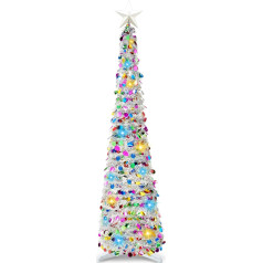 JOIEDOMI 5 Foot Pop-Up Pencil Christmas Tree Tinsel with Lights and Star, Foldable Christmas Decoration with Timer for Holiday Decoration Indoor and Office Area