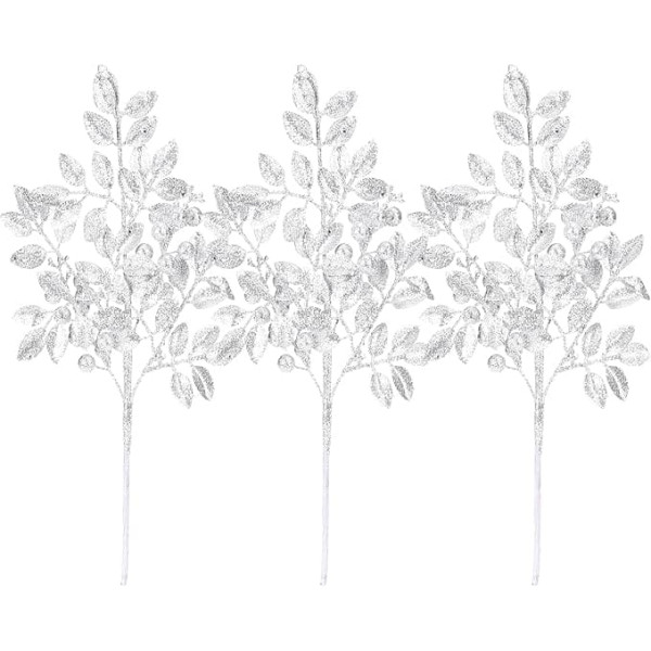 Sea Team Artificial Glitter Holly Berry Branches, Bacca Stem Ornaments, Decorative Bead Sticks Picks Branches for Christmas Tree Wreath, Vase Filler for Centerpieces, Home Decor, Silver, 6