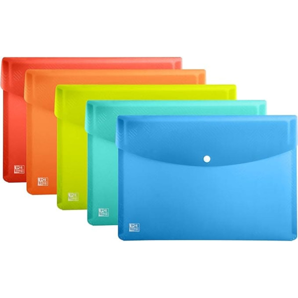 Oxford Pack of 5 A3 Clear Plastic Document Wallets - 5 Colours - Multi-Colour
