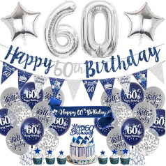 60 Geburtstag Dekorationen Männer - Blau und Silber Happy Birthday Banner Luftballons Kuchen Topper Nummer 60 Folienballon, Schärpe Wimpelkette Party Supplies für 60 Jahre alt Thema Dekor