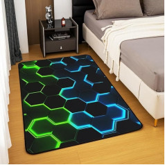 3D Abstract Hexagon Living Room Rug 100 x 150 cm Geometric Plaid Black Honeycomb Bedroom Area Rug for Children Teens Blue Green Neon Light Indoor Mat Home Decor