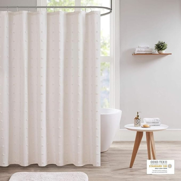 Urban Habitat Brooklyn Cotton Fabric Shower Curtain Jacquard Pom Machine Washable Shabby Chic Modern Home Bathroom Décor Bathtub Privacy Screen, 70 x 72 Inches, Ivory