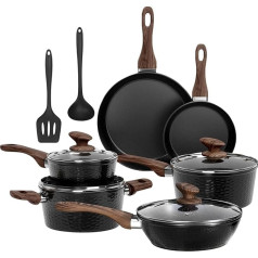 Kitchen Academy Non-Stick Granite Black Induction Hob Pan Set, 12 Piece Saucepan Set with Lid, Frying Pan, Cookware, Non-Stick, Pots and
