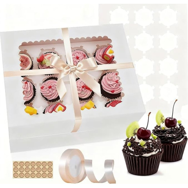 Pack of 15 Cupcake Boxes, 12 Cupcake Boxes with Window with Transparent Window and Dividers, Cupcake Transport Box for Cakes, Macaroons, Muffins, Pastries, for Wedding, Birthday Party, Family