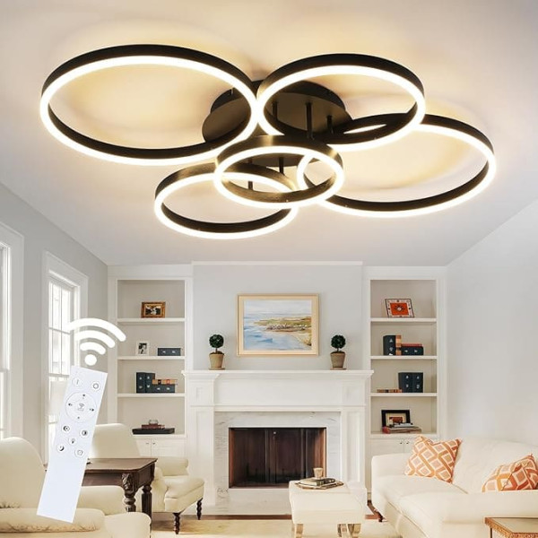 Ceiling Light LED Ceiling Light Living Room Lamp Dimmable 78 W with Remote Control 5 Rings Black Bedroom Lamp Modern Acrylic Ceiling Lighting for Office Bedroom Dining Room