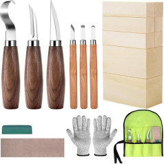 Wooden Carving Tool Set for Children and Beginners, Wood Carving Set with 8 Pieces Basswood, Wood Carving Tool Gift with 6 Pieces Carving Knife, Gloves, Portable Canvas Bag and Sharpener