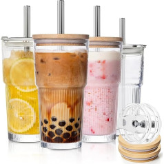 KEMORELA 4 Piece 600 ml Glass Cup Set with 2-in-1 Lids & Bamboo Lids, 4 Stainless Steel Straws - Ribbed Glasses for Iced Coffee, Latte & Smoothies