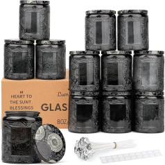 LumaCraft Candle Luxury Relief Candle Jars for Pouring Candles, Pack of 12 Empty Glass Vessels with Airtight Metal Lid, 20 Wicks and 20 Stickers - 240 ml