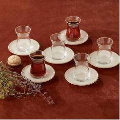 Karaca Cay Bardagi Retro Beige Tea Set for 6 People, Tea Service, Turkish Tea Glasses with Saucer, Turkish Tea Set