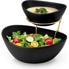 MALACASA Fruit Bowl Cake Stand with 2 Levels, Ceramic Serving Bowl, Salad Bowl with Dipping Bowl & Metal Frame for Party Buffet, Versatile Serving Set for Salad/Fruit/Snacks/Vegetables, Black