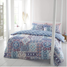 Catherine Lansfield Boho Patchwork Double Duvet Cover Bedding Set with Pillow Cases Blue