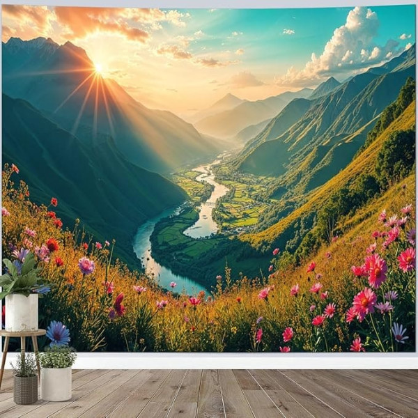 Calefee Tapestry Nature XXL 300 x 256 cm, Tapestry Landscape River Flowers Sunset, Wall Hanging Decorative Rug for Living Room