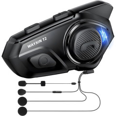 T2 Motorcycle Headset with Intercom, Helmet Communication System for 2 People in Range of 300 m, with Voice Assistant, Waterproof Hands-Free Calling, Music Call Control (1 Piece)