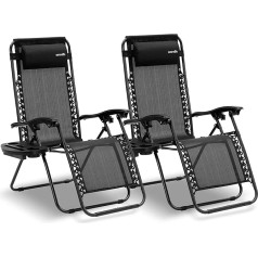 SereneLife Set of 2 Folding Sun Loungers, Zero Gravity Garden Deckchairs, up to 120 kg, Black, Adjustable and Weatherproof, with Table and Drink Holder, for Balcony, Patio, Beach, Relax