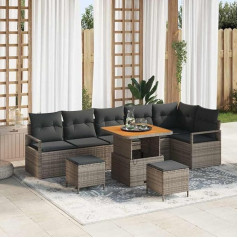 Modulares Gartensofa-Set Grau 9 Teile, Gartenmöbel-Set 9 Stück mit Kissen und Stauraum, Garten-Sitzgruppe 9er-Set Poly-Rattan, Outdoor-Sofa-Gruppe 9-teilig mit Polstern
