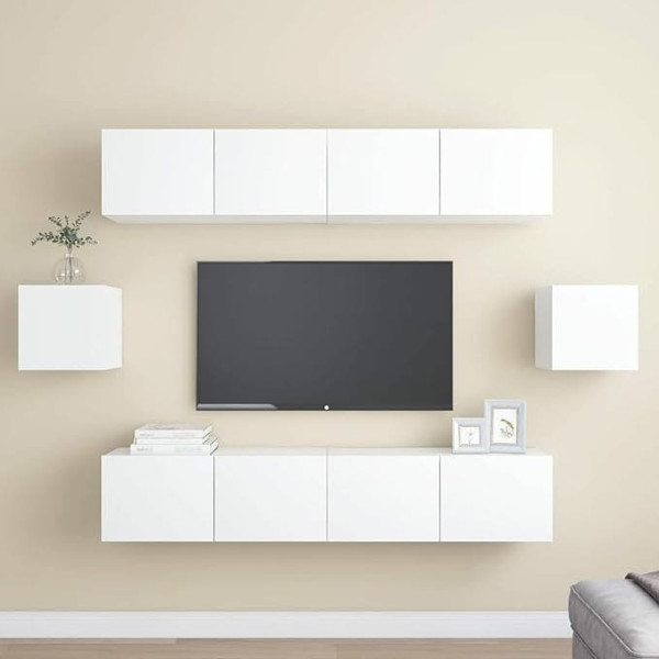 Homgoday TV Furniture Set 6 Pieces White Chipboard TV Cabinet Low TV Cabinet Coffee Table TV Stand for Industrial Living Room