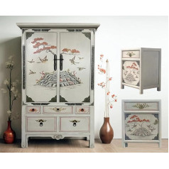 Chinese Furniture Combination Set 4-Piece Asia Furniture Living Room Vintage Light Grey Chest of Drawers Cabinet Wedding Cabinet Bedside Table Bedside Table Night Consoles Oriental Asian