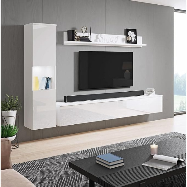 Modern 3-Piece Living Room Furniture Set in Glossy White Including Wall Cupboard Standing Lowboard and Wall Shelf Stylish Entertainment Centre with Storage Options