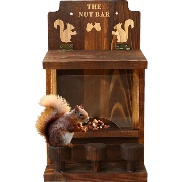 Eichhörnchen-Futterstation – Eichhörnchen-Futterstation aus Holz, 27,5 x 15,5 cm | Futterplattform, lustige Holzstange, mit 3 kleinen Hockern aus Holz, wetterfeste Box mit einem Jol
