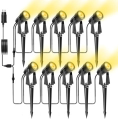 Bomcosy Garden Lighting, 32 m / Set of 10 Garden Lights with Ground Spike, DC 27 V, 2000 lm, IP65 Waterproof LED Garden Spotlight with Plug, Warm White Spotlight, Garden Lamp, Path Lighting, Spot