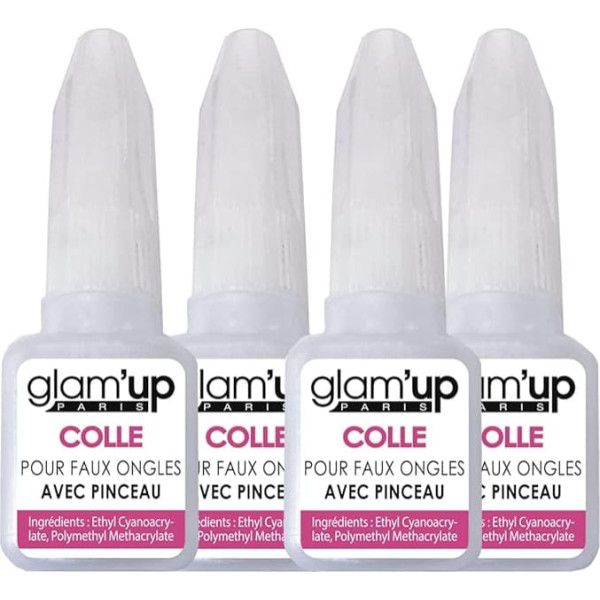 Glam'Up Paris - Pack of 4 False Nail Glue - Long Lasting Glue for Gluing or Repairing False Nails - XL with Brushes - 8g