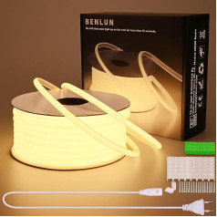 BENLUN AC 220 V COB LED Strip 30 m, 3000 K Warm White LED Strip Outdoor Waterproof, LED Strip 230 V Direct Connection, Very Bright 10 W/M 296 LEDs/M for Room Decoration Ceiling Outdoor Patio