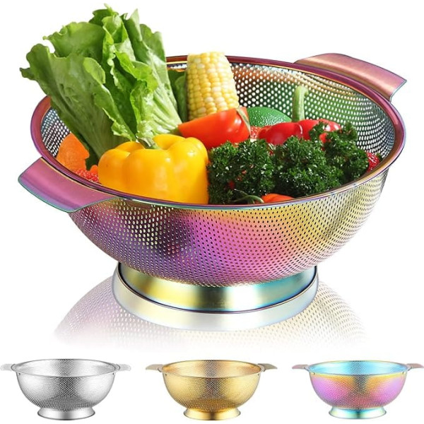 Kyraton Rainbow Colander 5 Quart, Professional Titanium Colourful Coating Stainless Steel Strainer with Heavy Duty Handles and Self-Draining Fixed Ring Base, Easy to Clean and Dishwasher Safe