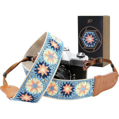Padwa Lifestyle Camera Strap - 2 Inch Wide Cut Out Embroidered Cotton Camera Straps with Cowhide Ends, Can Be Used as Strap for All Cameras, Binoculars Strap and Drone Remote Control Strap - Blue