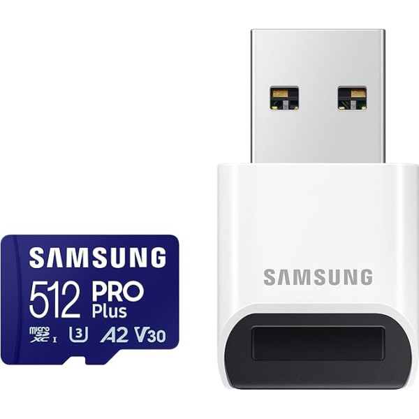 Samsung Pro Plus microSD Card + USB Card Reader, 512 GB, for Mobile Gaming on Smartphones, Tablet and Handheld Consoles, UHS-I U3, Full HD & 4K UHD, 180 MB/s Read, 130 MB/s Write, MB-MD512SB/WW