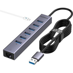 8Ports USB 3.0 Hub, USB to Network Hub with 6 3.0 Ports Gigabit Ethernet Port and 5V/3A Power Connection, Aluminium Extension Network Adapter for Laptop, IMAC, PC, USB Flash Drives etc. (Dark Grey)