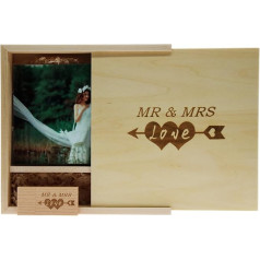 64 GB Wooden USB Stick with Laser Engraving Mr & Mrs Design - 64 GB Wooden USB 3.0 Flash Memory Stick with Photography Wooden Box (170 x 170 x 35 mm) for Bride, Groom, Lovers