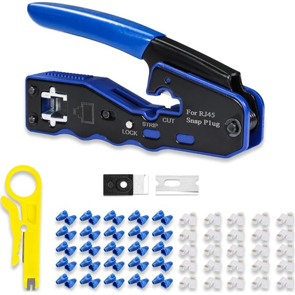 All-in-One RJ45 Crimping Tool Kit, Pass Through Ethernet Crimper for Cat5e/6/6a 8P8C Modular Connectors with Mini Wire Stripper, 50 Pieces CAT6 Pass Through Connectors and Covers