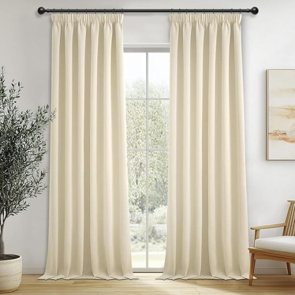 MRTREES Opaque Curtains Set of 2 Curtains 250 cm Long Curtains Beige Living Room Modern Opaque Curtains Ruffle Tape Curtain 140 cm Wide for Living Room Bedroom Kitchen Teenager's Room Boys
